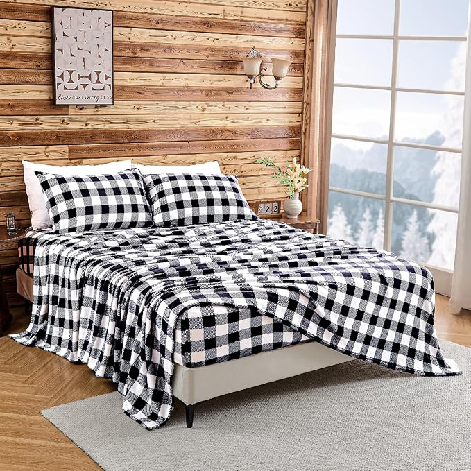 BEDELITE Fleece Sheets Queen Size Bed Set, Luxury Red and Black Plaid Winter Bedding Set, Super Soft & Warm Fuzzy Flannel-Like Sheets 4 Piece(Include Fitted Sheet, Flat Sheet, 2 Pillowcases)