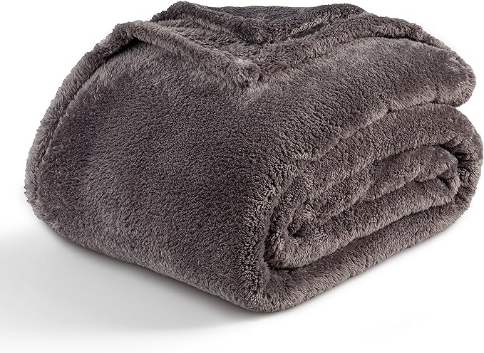 Berkshire Blanket Classic Extra-Fluffy™ Plush Blanket, Queen Size Bed Blanket, Soft Fuzzy Fluffy Long Hair Blanket for Couch Sofa Bed, Shadow Grey, 90x90 Inches