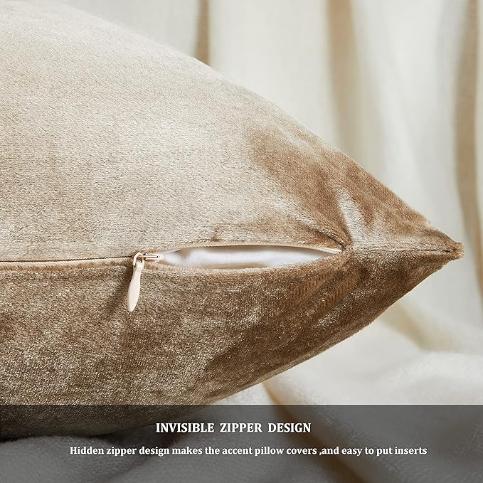 Decorative Throw Pillow Covers 18 x 18, Taupe Beige Khaki Soft Pillow Covers Velvet,Set of 4 Decor Square Cushion Covers