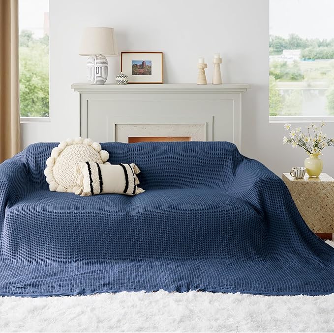 Bedsure Gentlesoft 100% Cotton Big Blanket Oversized King for Bed - Large Breathable Thick Cooling Waffle Weave Blanket for Summer, Couch Cover, Navy, 120x94 inches