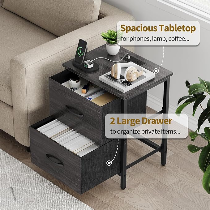 Vagusicc Nightstand Set of 2 with Charging Station, End Table Bedside Table with Power Outlet & USB Ports, Side Table with 2 Fabric Drawers for Bedroom, Living Room, Gray Walnut