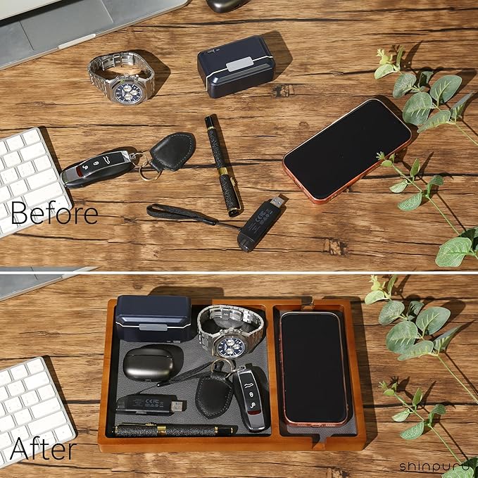 Shinpuru Wooden Valet Tray with Leather Inlay - Nightstand & Desk Organizer - EDC Essentials Catchall Tray for Keys, Phone, Wallet, Watch, Earbuds - Stylish Storage (Wood-Phone)