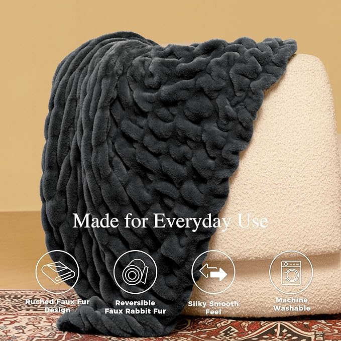 Faux Fur Blanket, Twin Size Oversized Throw Blanket for Couch, Fluffy Blanket with Stretch Ruched Design, Ultra Soft Giftable Home Decor, 60x80 inches, Charcoal Grey