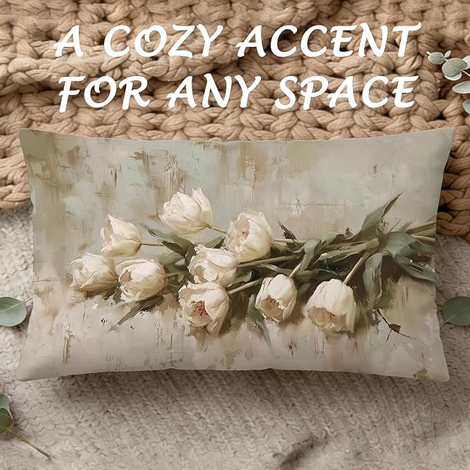 Vintage White Tulip Floral Lumbar Pillow Cover 12x20 Double-Sided, Cottagecore Room Decor, Neutral Farmhouse Spring White Flower Decorative Throw Pillow Cover for Living Room Home Bedroom