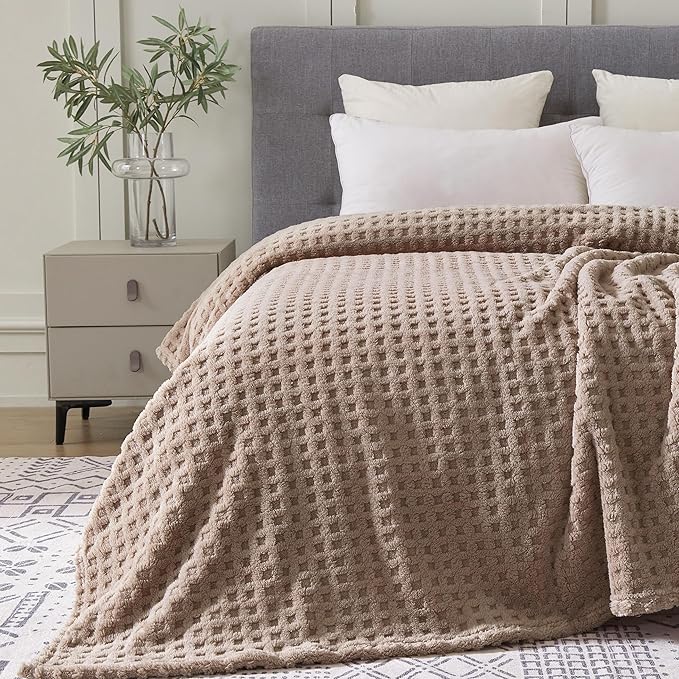 Soft Cozy Fuzzy Fleece Twin Blanket, Waffle Light Taupe, 60x80 Inches – Lightweight, Fluffy, and Warm 3D Jacquard All-Season Blanket for Couch, Bed, Sofa, Home Decor, Camping, and Travel