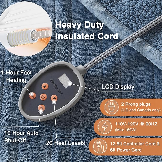 Beautyrest Heated Blanket, Electric Blanket, Soft, Warm, Reversible Plush - Sherpa Heating Blanket with 20 Heat Settings, 1-10 hrs Timer Auto Shut Off, Machine Washable, Full (84 inx80 in), Blue