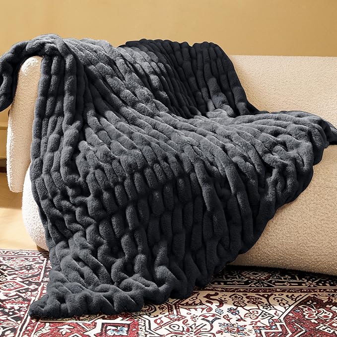 Faux Fur Blanket, Throw Blanket for Couch, Fluffy Blanket with Stretch Ruched Design, Ultra Soft Giftable Home Decor, 50x60 inches, Charcoal Grey