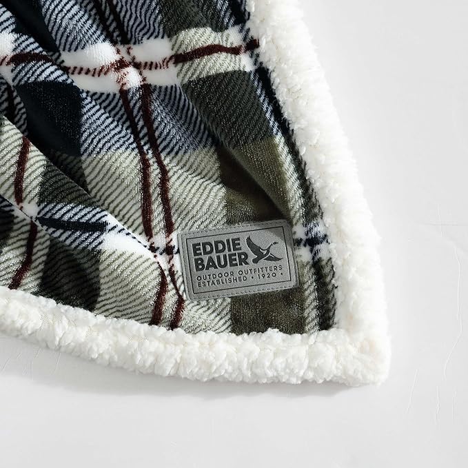 Eddie Bauer - Throw Blanket, Ultra-Soft Plush Bedding with Faux Shearling Reverse, Throw Blanket for Couch & Bed (Trailhead Plaid Green, 50" x 60")