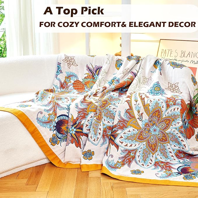 Boho Throw Blanket, 100% Organic Cotton Breathable Skin-Friendly Ultra Soft Bed Quilt Throw - All Season Floral Bird Farmhouse Décor Luxury Blanket for Sofa Couch Chair and Gift. 60" x 80"