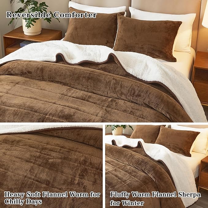 3-Layer Luxury Flannel Fleece Thick Bed Blanket Twin Size, Soft Plush Velvet Sherpa Blanket with 2 Pillow Shams Heavy Warm for Winter, Breathable n Washable, Brown