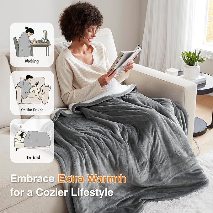Beautyrest Heated Throw Blanket, Electric Throw, Soft, Warm, Reversible Plush - Sherpa, 3 Heat Settings, 2 hr Auto Shut Off, Machine Washable, 50 x 60 Grey
