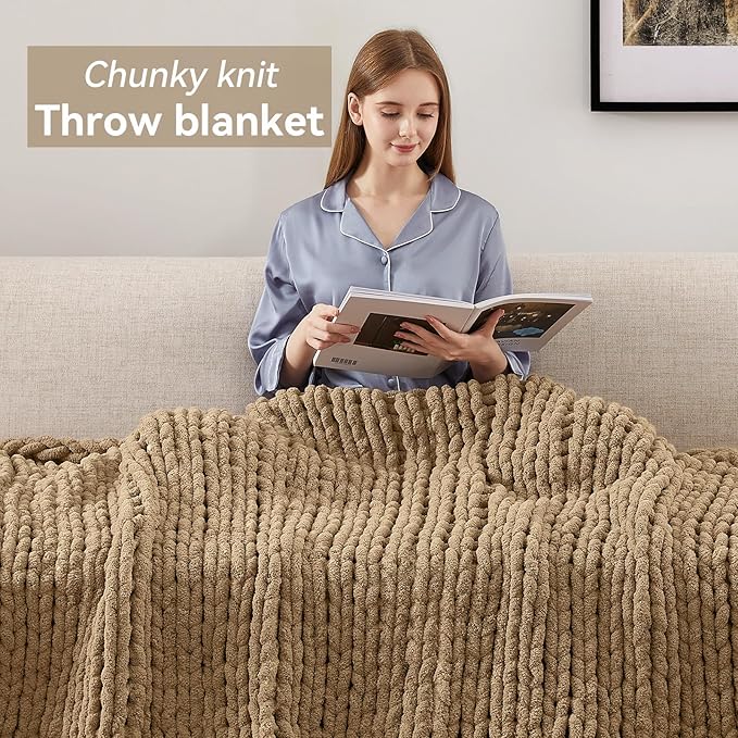 Chunky Knit Throw Blanket, 80''*90'' Knitted Throw Chenille Yarn for Bed Couch, Handmade Light Brown Crochet Big Thick Blanket, Machine Washable Cute Comfy Blanket for Home Decor