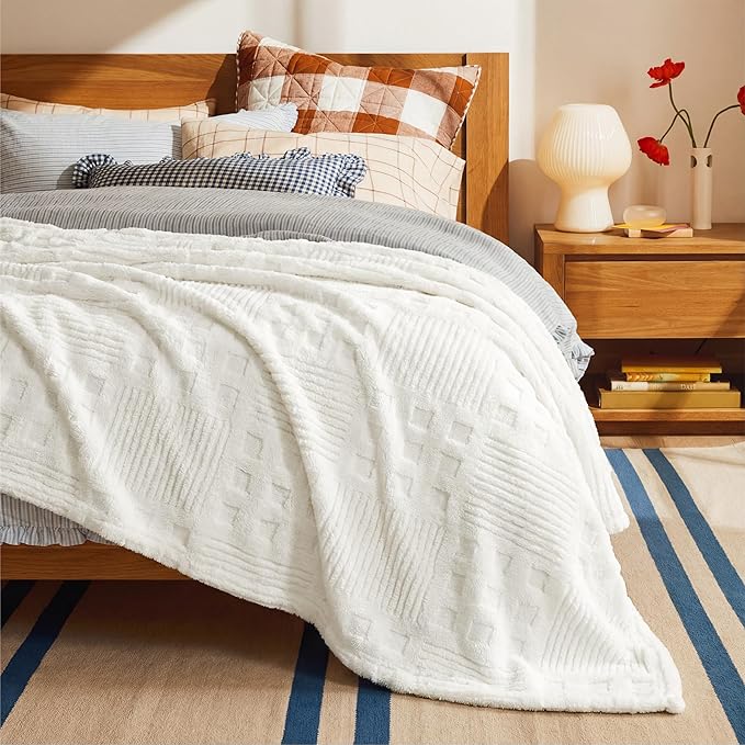Bedsure White Throw Blanket for Couch - GentleSoft Fluffy Waffle Blanket for Sofa Bed Room Decor, Super Cozy Fleece Checkered Throw for Women, Warm for All Season, 50x60 Inches