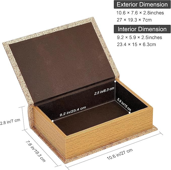 PACOLO Decorative Book Boxes, Faux Wood cover Storage for Hidden Jewelry, Money, and Cash (Gold sequins)