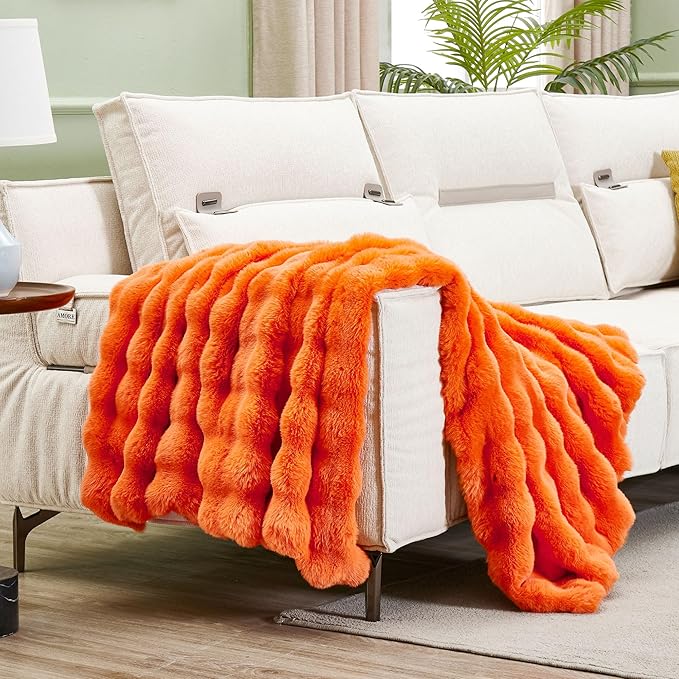 DREAMNINE Decorative Fuzzy Soft Fall Bubble Faux Fur Throw Blanket for Couch 50" x 60",Luxury Autumn Plush Fluffy Blankets,Cute Lovely Halloween Cozy Thick Warm Furry Blanket for Winter,Pumpkin Orange