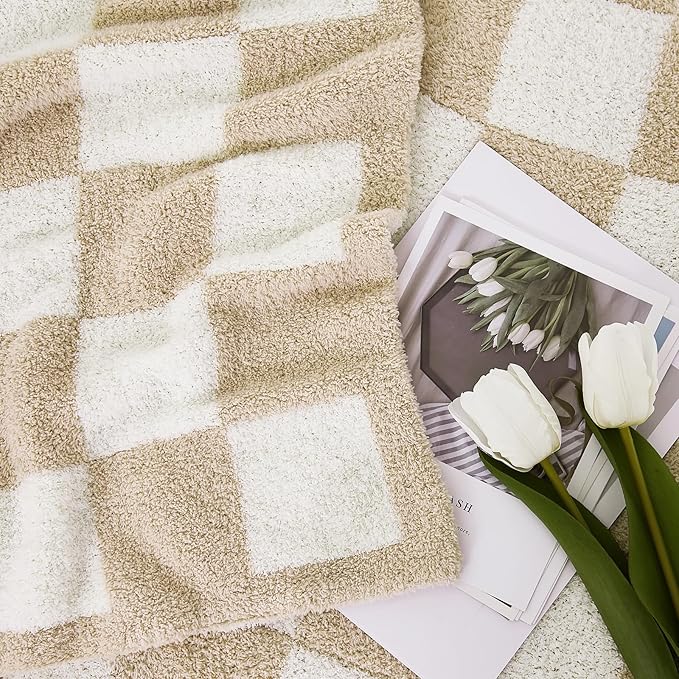 WRENSONGE Checkered Throw Blanket, Beige Soft Cozy Fluffy Warm Hand Made Throw Blankets for Couch, Sofa, Chair, Bed, Camping, Picnic, Travel Lightweight Bed Blanket - 60"*80"