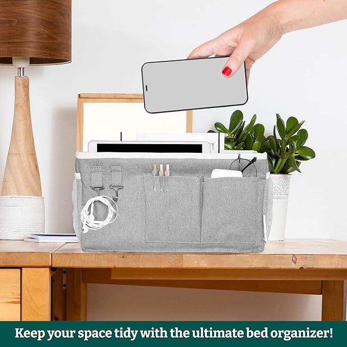 Bedside Caddy Organizer Hanging Storage Bag with Pockets for Books, Magazines, Phone, Tablet & Water Bottle – Bedside Storage for Dorm, Bunk Beds, Hospital Beds & Cribs,Grey