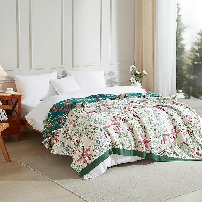 Boho Throw Blanket for Bed 90”x98”, 100% Cotton Woven Blanket for Couch Sofa, Ultra Soft 4-Layer Muslin Quilt with Floral Printed, Farmhouse Bed Blanket/Cover for Living Room Decor