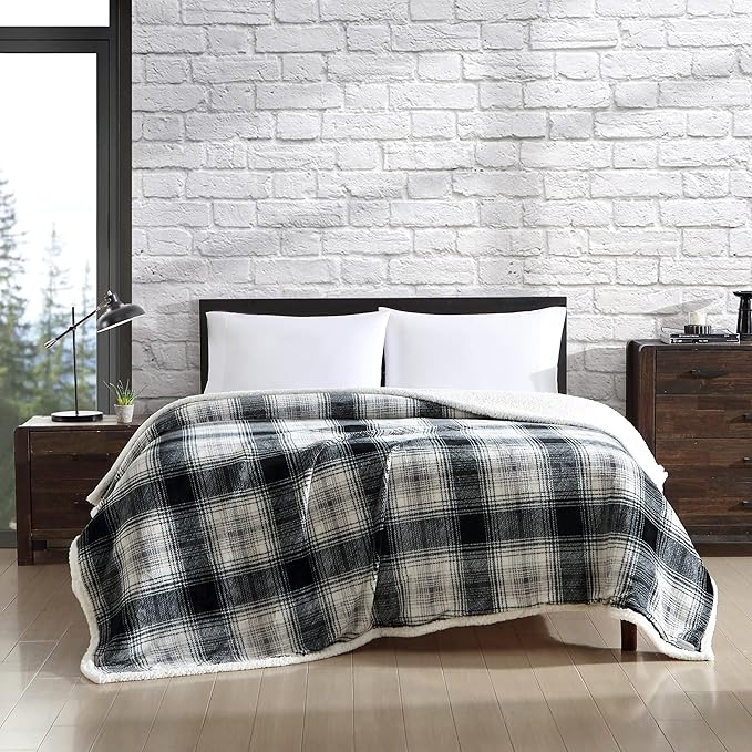 Eddie Bauer - King Size Blanket, Ultra-Soft Plush Bed Blanket with Faux Shearling Reverse, Throw Blanket for Couch & Bed (Vail Plaid Grey)