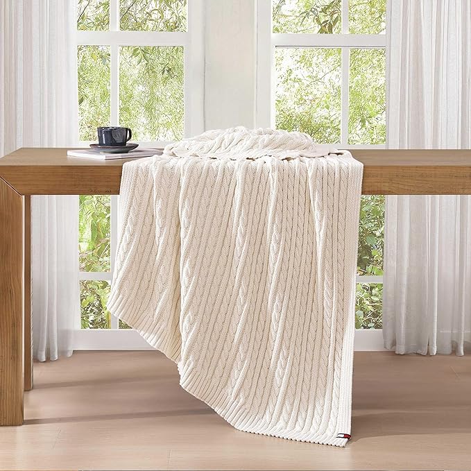 Tommy Hilfiger - Blanket, Ultra-Soft Cable Knit Throw Blanket for Bed or Couch, Lightweight Bedding with a Soft Textured Feel & Iconic Flag Logo (Off-White, 50" x 70")