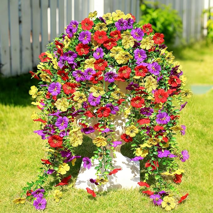 Artificial Flowers for Outdoors Spring Decor, 6 Bundles UV Resistant Realistic Fuax Silk Hanging Flowers, Fake Plants for Planter Indoor Outside Garden Porch Patio Balcony Yard Farmhouse（Mix）