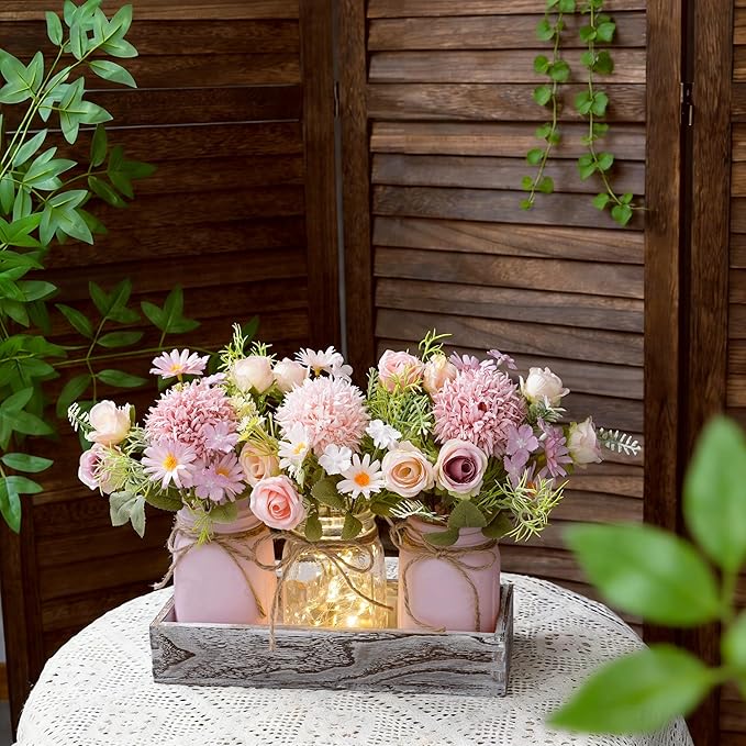 Mason Jar Lights Centerpiece Table Decor for Dining Room Farmhouse Wood Tray with 3 Jars Pink Flowers Valentines Day Decoration for Coffee Table Kitchen Living Room Wedding Spring Decoration