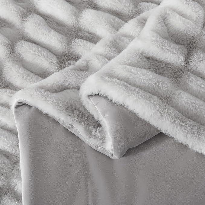 WDCOZY Ruched Faux Fur Throw Blanket Soft Cozy Fluffy Luxurious Blankets Couch Bed Sofa Chair Home Decor Warm Furry Fall Winter Plush Rabbit Fur Bubble Blanket 60" x 80", Grey