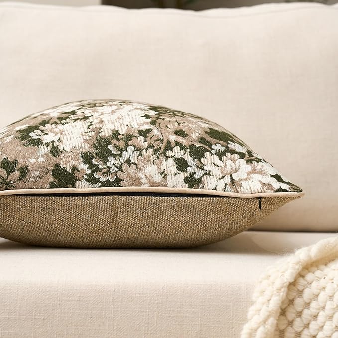 Yangest Neutral Floral Pillow Cover 24 x 24 Inches, Vintage Chenille Square Throw Pillow Cover Soft Decorative Farmhouse Accent Couch Pillow Cover for Living Room Bedroom, Green
