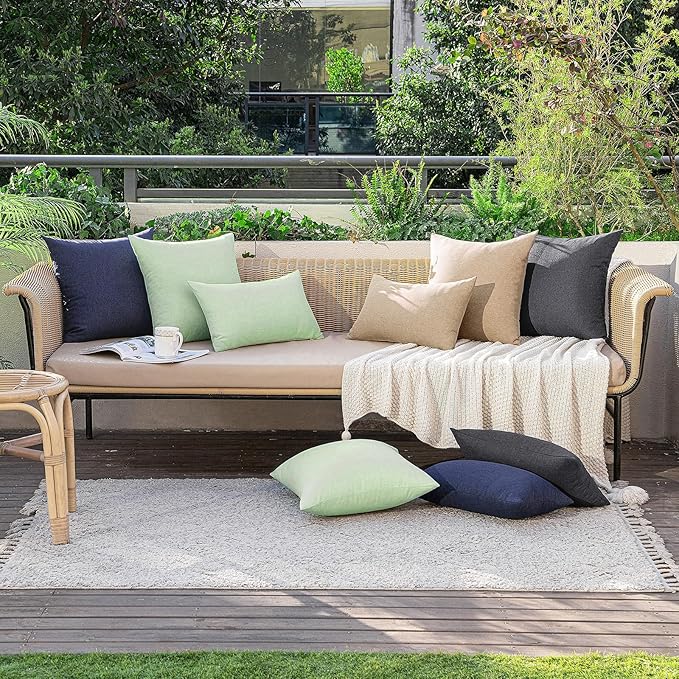 MIULEE Pack of 2 Decorative Outdoor Solid Waterproof Throw Pillow Covers Faux Linen Garden Farmhouse Cushion Cases for Patio Tent Balcony Couch Sofa 18x18 Inch Light Tan