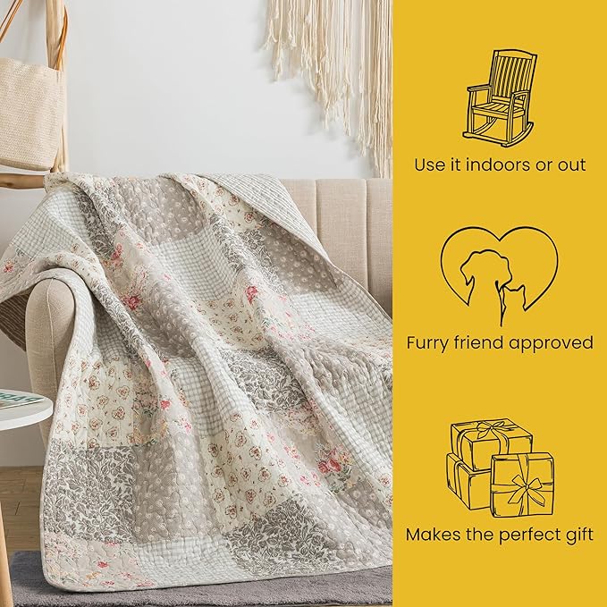 SLPR Cotton Quilted Throw Blanket, 50" x 60" Floral Farmhouse Patchwork Quilt, Shabby Chic Patchwork Throw Lap Quilt for Couch, Walk in The Cotswolds