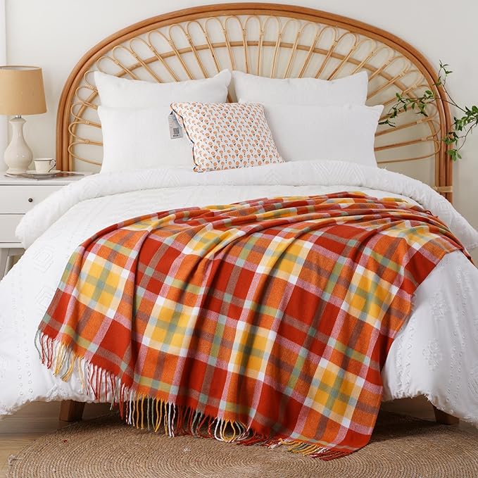 BATTILO HOME Fall Blanket Throw for Couch, Orange Plaid Throw Blankts, Burnt Orange Throw Blankets Farmhouse Style, Super Soft Decorative Multicolor Throw for Fall Decoration 50"x60"