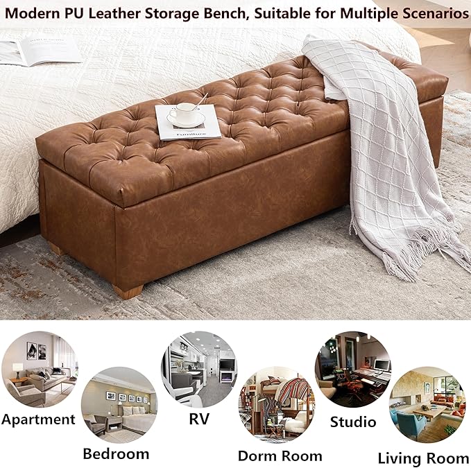 60.2" Storage Ottoman Bench for Bedroom Bed End,Brown PU Leather Bench with Seating,Button Tufted Ottomans with Storage for Living Room,Bedside,Entryway (Brown, 60.2")