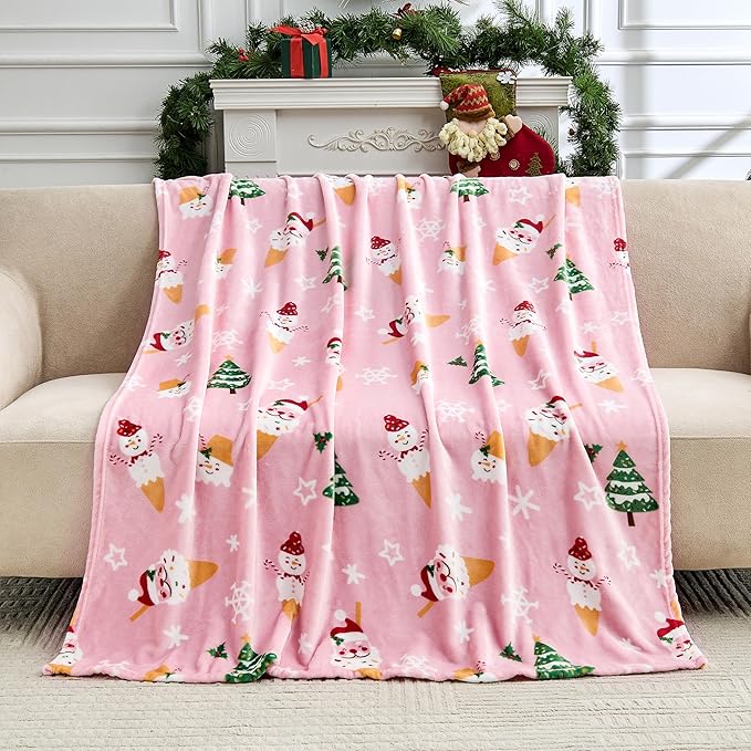 Christmas Blanket Soft Cozy Pink Throws with Snowman Snowflake Santa Claus and Xmas Trees Print, Fuzzy Warm Christmas Throw Blanket for Couch Bed Holiday Decorations Gifts 60"x80" (Pink)