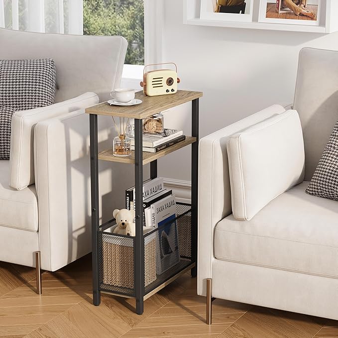 Narrow Side Table with Storage Basket Skinny End Tables for Smalls Spaces 3 Tier Sofa Table Small Nightstand Slim Bedside Table for Living Room Bedroom Greige MLBZ22GR