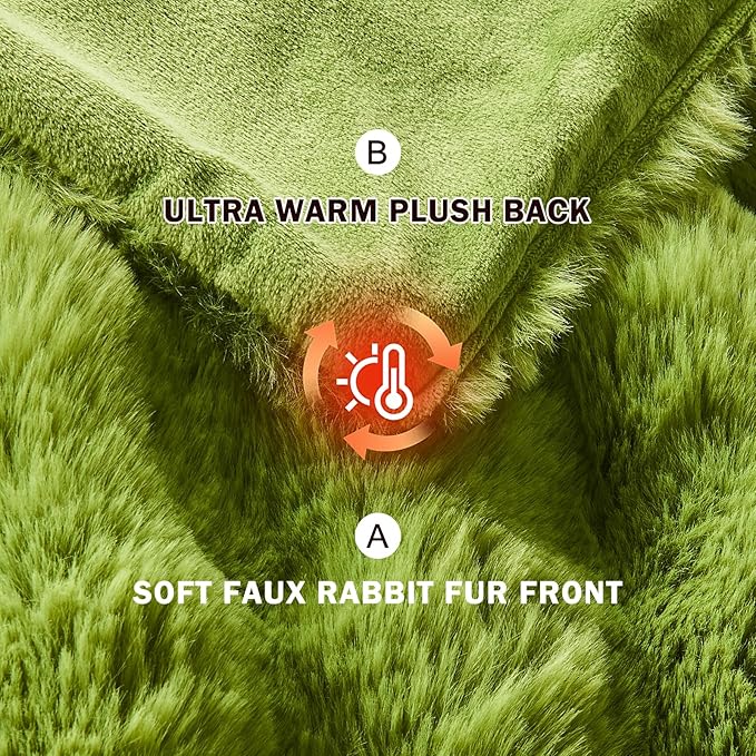 EMME Faux Fur Blanket King Size Dark Green - Big Bubble Rabbit Cozy Blanket for Couch, Thick Furry Plush Shaggy Blankets, 650GSM, 108x90 Inches