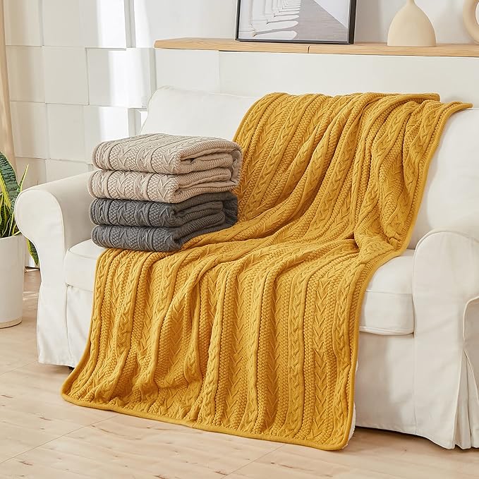Longhui bedding Mustard Yellow 50 x 63 Inches Acrylic Cable Knit Sherpa Throw Blanket - Thick, Soft, Big, Cozy Yellow Knitted Fleece Blankets for Couch, Sofa, Bed - Large Yellow Coverlet All Season