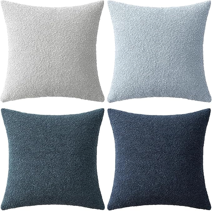 MIULEE Pack of 4 Decorative Textured Boucle Throw Pillow Covers 20x20 Inch Neutral Blue Accent Solid Pillow Cases Couch Cushion Covers for Modern Farmhouse Boho Bed Livingroom Home Decor