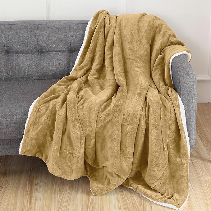 Elegant Comfort Luxury Ultra-Plush Velvet Touch Fleece Throw Soft, Warm, Cozy| Micromink Sherpa-Backing Reversible Blanket for Bed, Sofa and Couch, Solid Gold