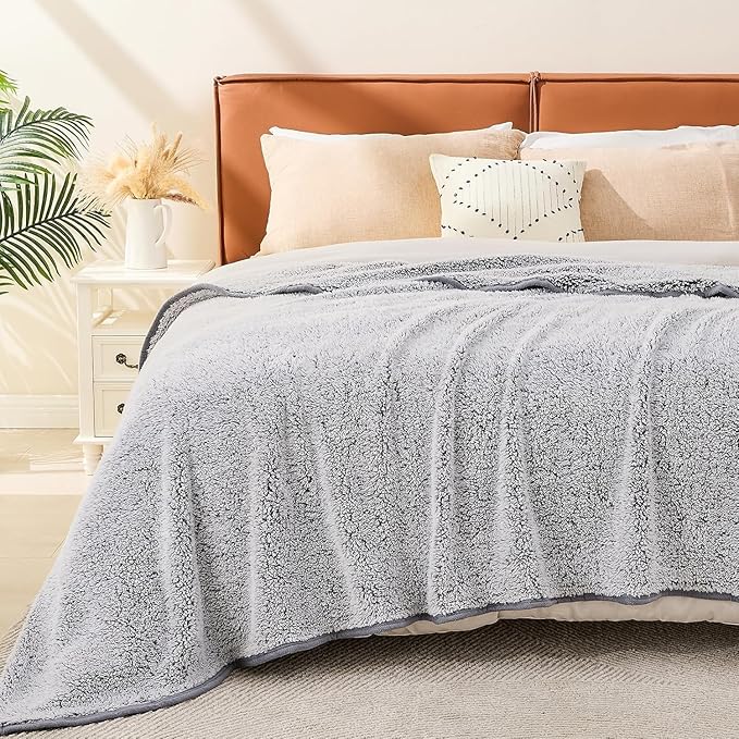 EMME Soft Sherpa Fleece Blanket Reversible Plush Fluffy Large Blanket, Light Weight Warm Decorative Boho Blanket Cover for Sofa, Couch, Bedroom,Travel(Plush Grey,108"x90")