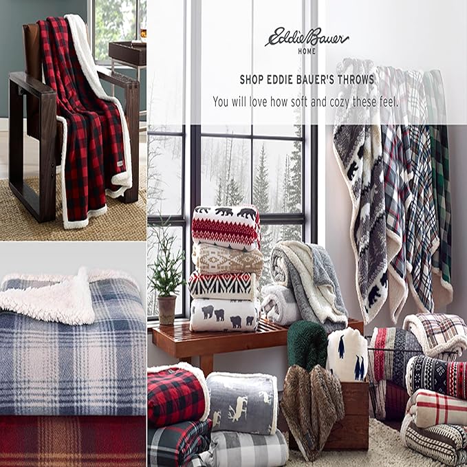 Eddie Bauer - Throw Blanket, Brushed Fleece & Plush Sherpa Bedding, Throw Blanket for Couch & Bed (Fair Isle Dark Steel, 50" x 70")