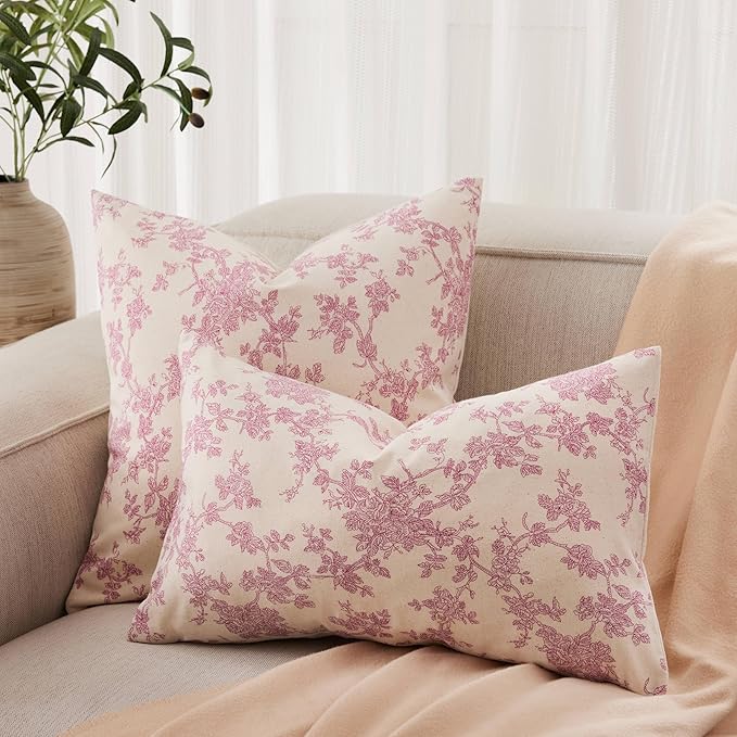 100% Cotton French Pastoral Throw Pillow Covers Set of 2, 18x18 Inch Pink Farmhouse Decorative Cushion Covers for Sofa Bed Living Room Home Decor