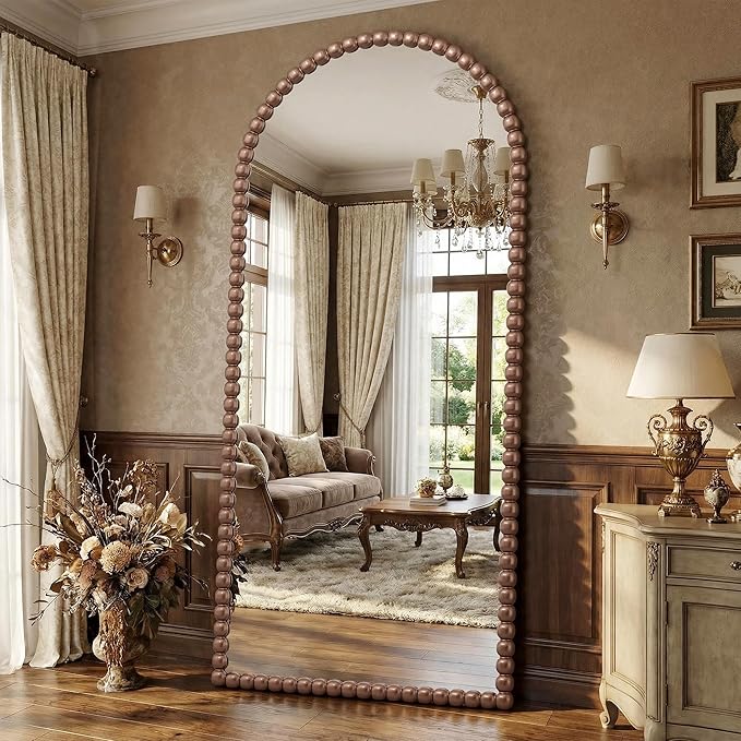 Antok 76" x 34" Arched Full Length Mirror, Antique Beaded Frame Floor Standing or Wall Mounted Mirror with Stand for Bedroom, Entryway, Brown, Luxury Style