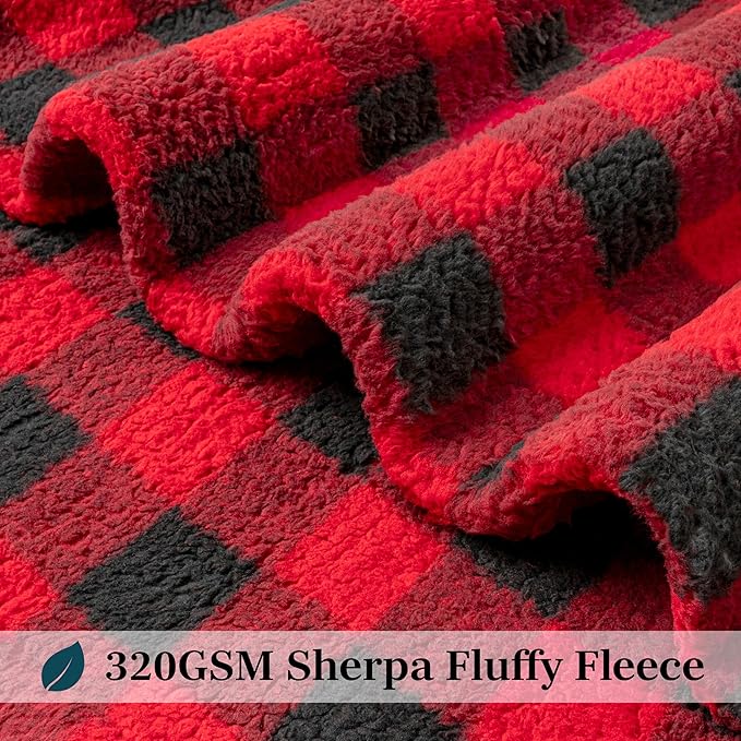 PAVILIA Sherpa Throw Blanket for Couch Sofa, Black Red Checkered Fluffy Warm Plush Blanket for Twin Bed, Cozy Super Soft Lightweight Throw, Fuzzy Decorative Blanket, All Season Home, 60x80