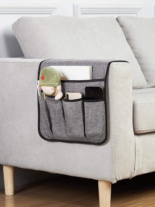 FLYILY Sofa Armrest Organizer Non-Slip Arm Chair Hanging Caddy Remote Control Holder for Magazine, Phone, Books, Glasses(Grey,13in)