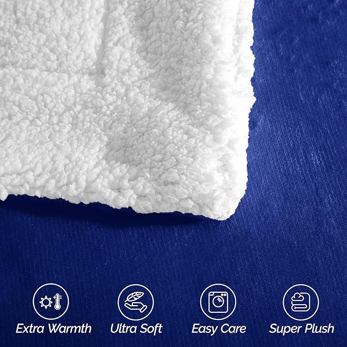 Elegant Comfort Ultra Soft Reversible Flannel Sherpa Blanket - Cozy Silky Fleece Throw for Couch, Bed - Plush Fuzzy Warm Winter Blanket for Gift, King, Royal Blue