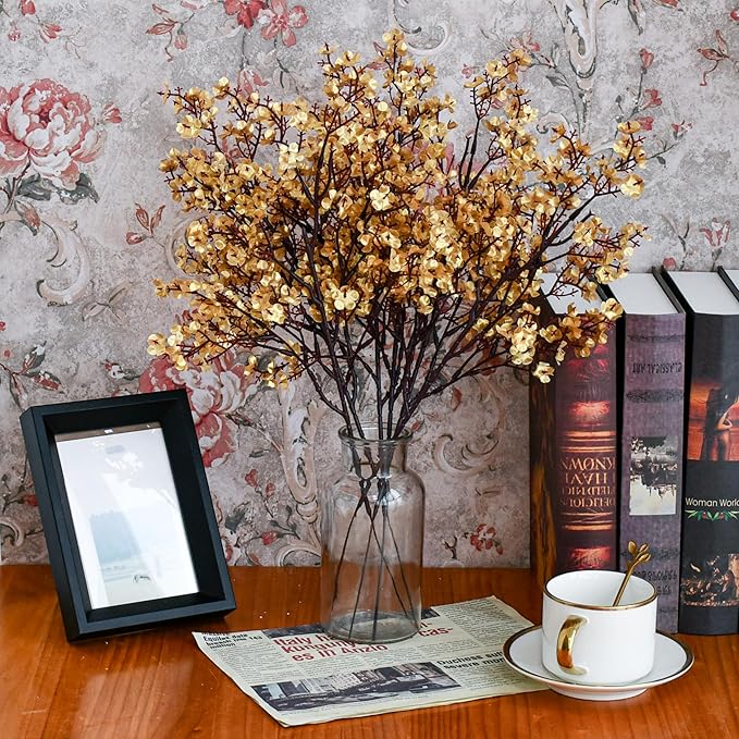Mandy's Gold Artificial Baby’s Breath Flowers 15 Bundles Silk Gypsophila, 18.5 Inch European Style Modern Home Decor Centerpiece, Neutral Wedding Flower Arrangements
