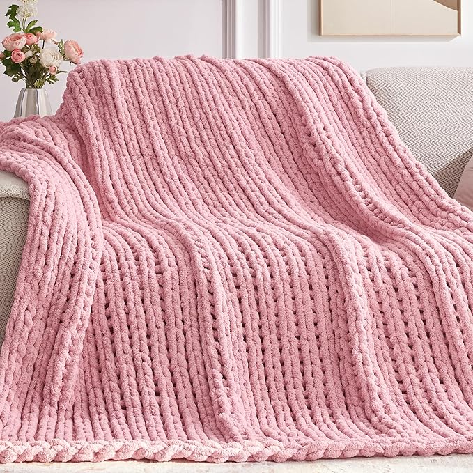 Chunky Knit Throw Blanket, 80''*90'' Knitted Throw Chenille Yarn for Bed Couch, Handmade Light PinkCrochet Big Thick Blanket, Machine Washable Cute Comfy Blanket for Home Decor