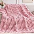 Chunky Knit Throw Blanket, 80''*90'' Knitted Throw Chenille Yarn for Bed Couch, Handmade Light PinkCrochet Big Thick Blanket, Machine Washable Cute Comfy Blanket for Home Decor