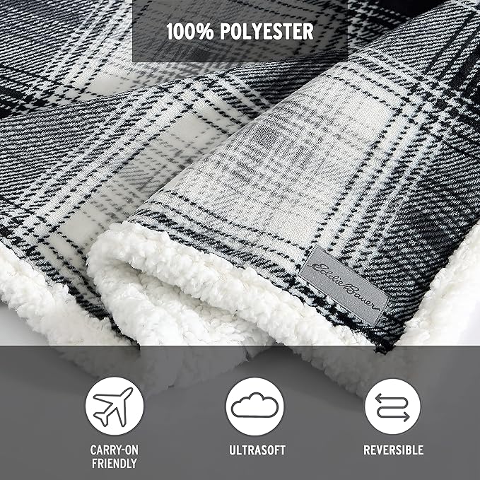 Eddie Bauer - Queen Size Blanket, Ultra-Soft Plush Bed Blanket with Faux Shearling Reverse, Throw Blanket for Couch & Bed (Vail Plaid Grey)