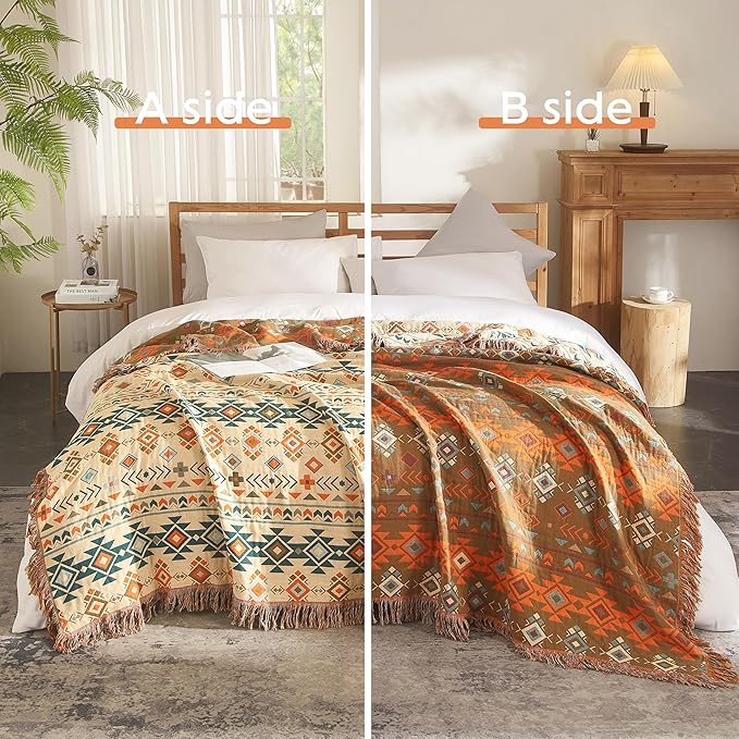 Boho Throw Blanket for Bed 80”x90”, 100% Cotton Woven Blanket for Couch Sofa, Ultra Soft 4-Layer Muslin Quilt with Diamond Pattern, Farmhouse Bed Blanket/Cover for Living Room Decor